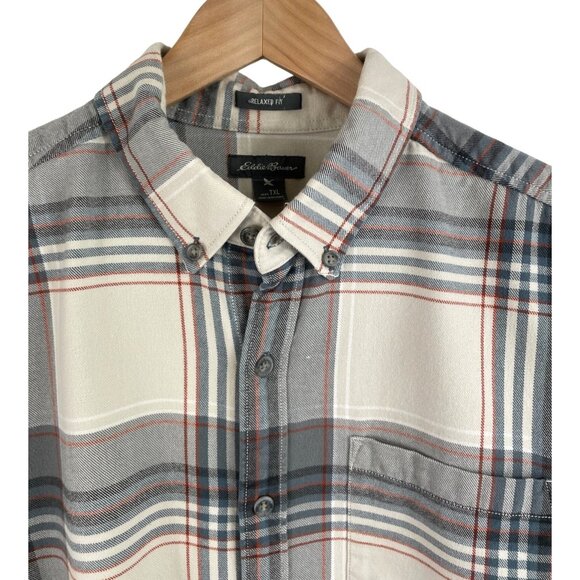 Eddie Bauer Relaxed Fit Mens Size TXL Tan & Gray Plaid Flannel Button Up Shirt - Picture 3 of 12